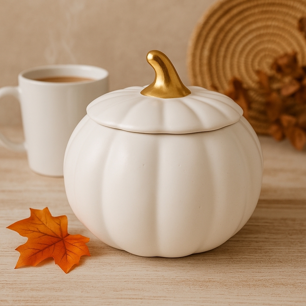 WHITE AND GOLD CERAMIC PUMPKIN SHAPED CANISTER/ COOKIE JAR
